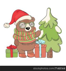 BEAR SANTA GIFT Merry Christmas Cartoon Vector Illustration Set