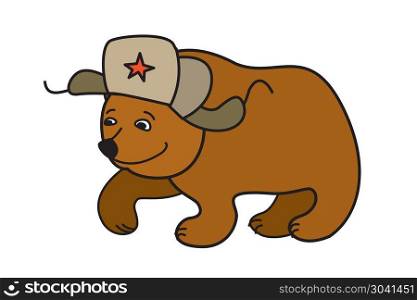 Bear wearing a Russian hat earflaps. Cartoon Bear wearing a Russian hat earflaps, isolated on white background, vector. Bear wearing a Russian hat earflaps