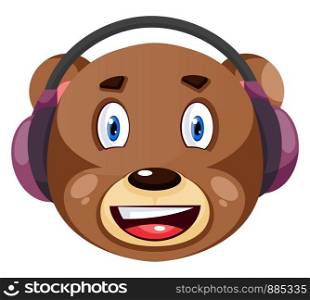 Bear with purple headphones on, illustration, vector on white background.