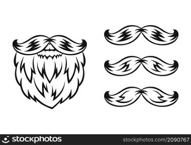 Beard and mustache. Black silhouette. Design element. Hand drawn sketch. Vintage style. Vector illustration.