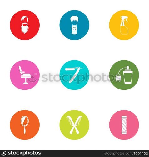 Beard grooming icons set. Flat set of 9 beard grooming vector icons for web isolated on white background. Beard grooming icons set, flat style
