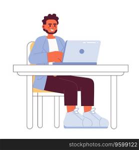 Beard indian adult man working on laptop office 2D cartoon character. South asian bearded male sitting at desk isolated vector person white background. Surfing computer color flat spot illustration. Beard indian adult man working on laptop office 2D cartoon character