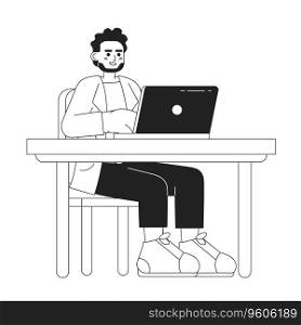 Beard indian adult man working on laptop office black and white 2D cartoon character. South asian bearded male sitting at desk isolated vector outline person. Monochromatic flat spot illustration. Beard indian adult man working on laptop office black and white 2D cartoon character