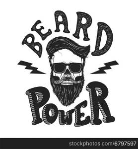 Beard power. Human skull with beard in sun glasses. T-shirt print design template. Vector illustration.