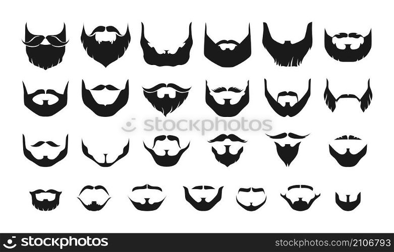 Beard silhouette. Different types of black mens face hair with or without moustache and whisker. Male portrait facial elements graphic for haircut and barbershop. Vector isolated trendy hairstyles set. Beard silhouette. Different types of black mens face hair with or without moustache and whisker. Portrait facial elements graphic for haircut and barbershop. Vector isolated hairstyles set