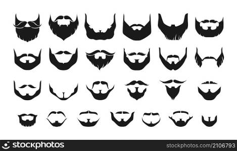 Beard silhouette. Different types of black mens face hair with or without moustache and whisker. Male portrait facial elements graphic for haircut and barbershop. Vector isolated trendy hairstyles set. Beard silhouette. Different types of black mens face hair with or without moustache and whisker. Portrait facial elements graphic for haircut and barbershop. Vector isolated hairstyles set