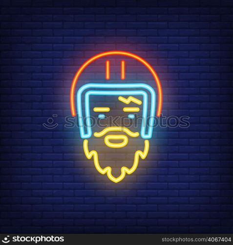 Bearded biker wearing helmet on brick background. Neon style illustration. Bikers club, motor race, motorcycle shop. Biker banner. For hobby, biker culture, lifestyle concept
