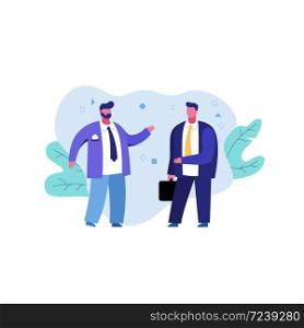 Bearded business male in suit talking with colleague vector graphic flat illustration. Two casual stylish businessman enjoying gesticulation during dialogue isolated on white background. Bearded business male in suit talking with colleague vector graphic flat illustration