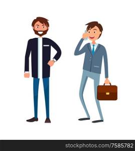 Bearded businessman in formal wear and executive worker with briefcase speaking on phone discussing business issues. Male office workers in suits vector. Bearded Man in Formal Wear and Executive Worker