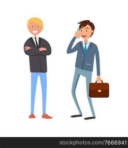 Bearded businessman in formal wear and executive worker with briefcase speaking on phone discussing business issues. Male office workers in suits vector. Bearded Man in Formal Wear and Executive Worker