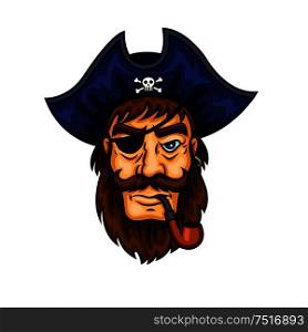 Bearded cartoon pirate captain character smoking pipe wearing eye patch and blue hat with jolly roger symbol. May be used for piracy mascot or marine adventure design. Cartoon pirate captain with smoking pipe