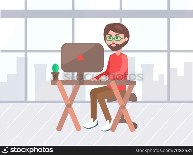 Bearded developer working with website on laptop, man wearing glasses in office. Workplace of businessman, table with plant cactus. Modern office with big windows. Vector illustration in flat cartoon. Office Work, Business Workplace Work Space Vector