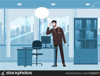 Bearded emotion man surprised in glasses and a suit. Bearded emotion man surprised in glasses and a suit looks at screen notebook, office table chair interior. Shocked expression vector illustration isolated cartoon style