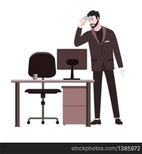 Bearded emotion man surprised in glasses and a suit. Bearded emotion man surprised in glasses and a suit looks at screen notebook, office table chair. Shocked expression vector illustration isolated cartoon style