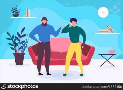 Bearded Father Demands Attention from Adult Son Talking Phone Cartoon. Vector Flat Home Interior. Smartphone Dependence and Addiction Problem Illustration. Parents and Children Relationships. Father Demands Attention from Son Talking Phone