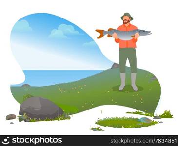 Bearded fisherman standing near lake and poses with caught big fish. Man with green wearing hat and waders hold in hand fish and showing. River fishing weekend hobby. Vector illustration in flat style. Fisherman Showing Fish on Hands Man by Lake Vector