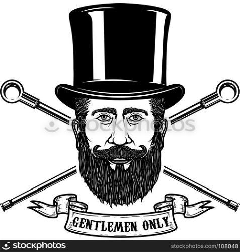 Bearded gentleman head in vintage hat. Design elements for poster, emblem, sign, label. Vector illustration