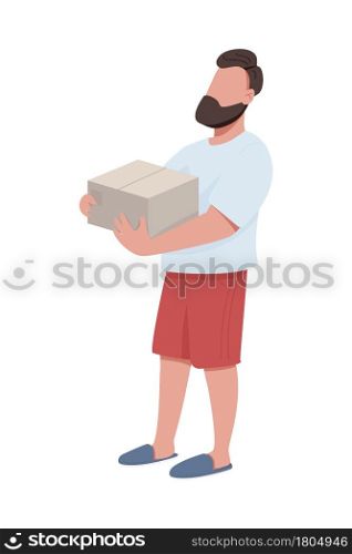 Bearded guy holding box semi flat color vector character. Full body person on white. Moving into new apartment isolated modern cartoon style illustration for graphic design and animation. Bearded guy holding box semi flat color vector character