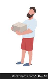 Bearded guy holding box semi flat color vector character. Full body person on white. Moving into new apartment isolated modern cartoon style illustration for graphic design and animation. Bearded guy holding box semi flat color vector character