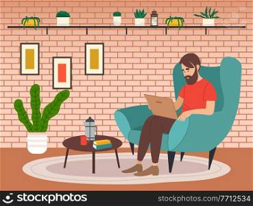 Bearded guy sitting on a green arm chair with a laptop on his knees and surfing the Internet. Social networking, browsing the web. Watch the video online. Cozy cafe interior. Flat vector image. Surfing the internet. Young man using laptop to chat and search for information, sitting in cafe