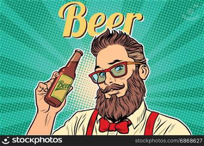 bearded hipster beer. Pop art retro vector illustration. bearded hipster beer