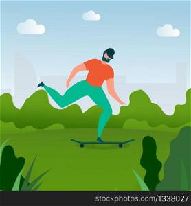 Bearded Hipster Man Flat Cartoon Character Riding on Longboard Skateboard. Skater in Casual Clothes in Park. Outdoor Recreation, Healthy and Active Lifestyle. Vector Sport Leisure Illustration. Bearded Man Flat Cartoon Character on Skateboard