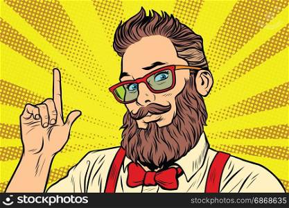 Bearded hipster man portrait pointing finger. Pop art retro vector illustration. Bearded hipster man portrait pointing finger