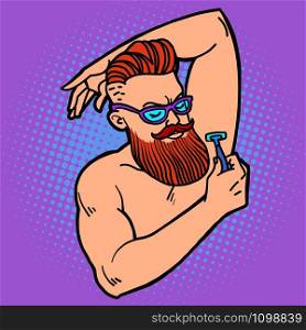 bearded hipster man shaves his armpit with a razor. Comic cartoon pop art retro illustration drawing. bearded hipster man shaves his armpit with a razor
