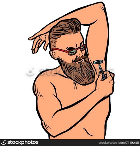 bearded hipster man shaves his armpit with a razor. isolate on white background. Comic cartoon pop art retro illustration drawing. bearded hipster man shaves his armpit with a razor. isolate on white background