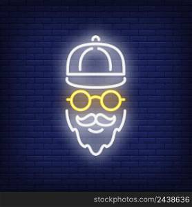 Bearded hipster neon sign. Luminous signboard with man in cap and sunglasses. Night bright advertisement. Vector illustration in neon style for fashion, subculture, barbershop