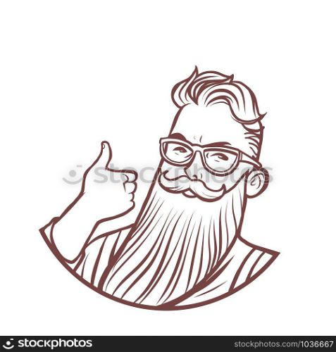 bearded hipster thumb up gesture. Comic cartoon pop art retro vector drawing illustration. bearded hipster thumb up gesture