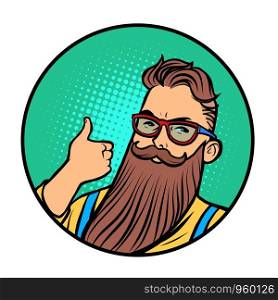 bearded hipster thumb up gesture. Comic cartoon pop art retro vector drawing illustration. bearded hipster thumb up gesture