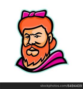Bearded Lady Mascot. Mascot icon illustration of head of a bearded lady or bearded woman, a woman with a visible beard that is featured as a circus curiosity viewed from front on isolated background in retro style.. Bearded Lady Mascot
