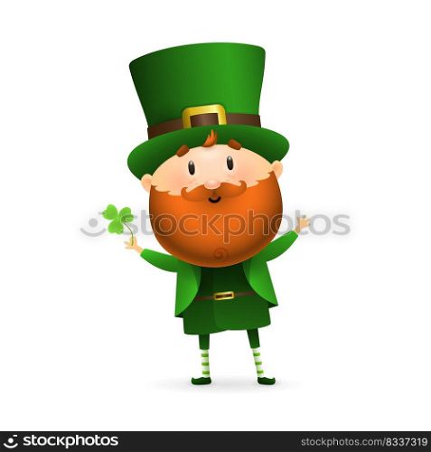 Bearded leprechaun with clover leaf. Happy dancing Irish man in green costume and hat. Can be used for topics like Saint Patrick day, character, holiday