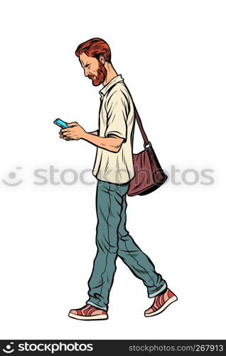 Bearded male pedestrian looks at a mobile phone. Modern man. Pop art retro vector illustration vintage kitsch. Bearded male pedestrian looks at a mobile phone