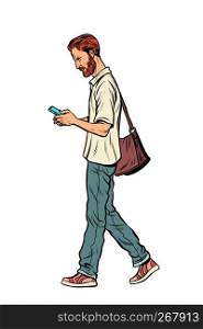 Bearded male pedestrian looks at a mobile phone. Modern man. Pop art retro vector illustration vintage kitsch. Bearded male pedestrian looks at a mobile phone
