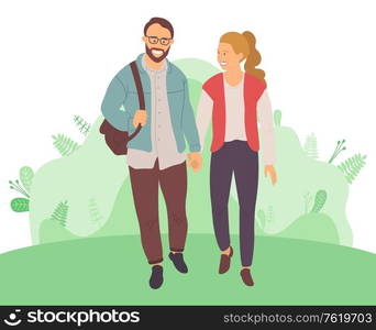 Bearded man and woman with high tail walking among green leaves and bushes. Vector rich and successful cartoon people spend time together, accumulation of capital. Bearded Man, Woman with High Tail Walk in Forest