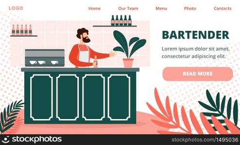 Bearded Man Bartender Character Wearing Apron Stand at Counter Desk in Cafe or Night Club Holding Bottle with Alcohol Drink. Restaurant Staff Job. Cartoon Flat Vector Illustration, Horizontal Banner. Bartender Wearing Apron Stand at Counter Desk