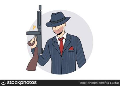 Bearded man criminal in suit and hat holding handgun. Male gangster with gun in hands. Concept of crime and mafia. Vector illustration.. Male gangster with gun in hands