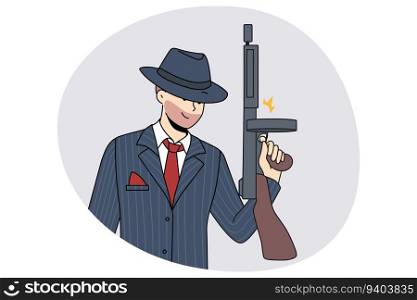 Bearded man criminal in suit and hat holding handgun. Male gangster with gun in hands. Concept of crime and mafia. Vector illustration.. Male gangster with gun in hands