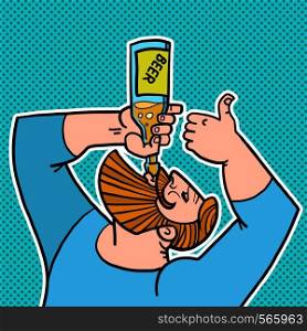 bearded man drinking a bottle of beer. Comic cartoon pop art retro drawing illustration. bearded man drinking a bottle of beer
