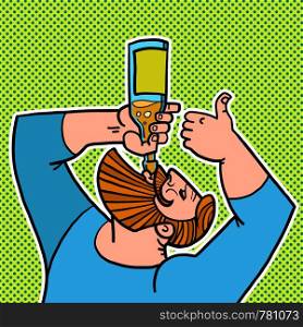 bearded man drinking a bottle of water. Comic cartoon pop art retro drawing illustration. bearded man drinking a bottle of water