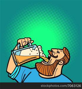 Bearded man drinking a mug of beer. Comic cartoon pop art retro vector illustration drawing. Bearded man drinking a mug of beer