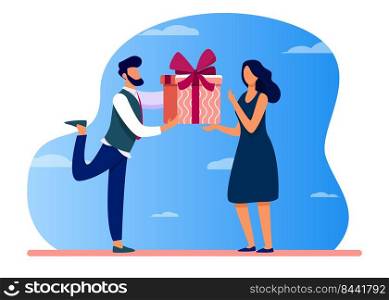 Bearded man giving gift to surprised woman. Present, boyfriend, couple flat vector illustration. Event and love concept for banner, website design or landing web page