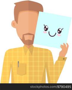 Bearded man holding picture of cute kawaii happy face. Manga style eyes and mouths. Funny japanese facial expression. Eastern kawaii anime culture elements. Male character shows positive emotion. Bearded man holding picture of cute kawaii happy face. Male character shows positive emotion