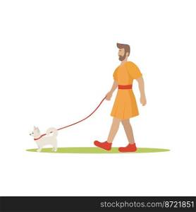 Bearded man in a dress walks a cute dog