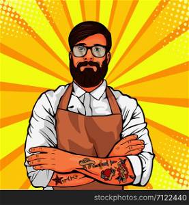 Bearded man in glasses with tattoo on arms vector illustration in comic pop art style. Hipster artisan or worker in apron