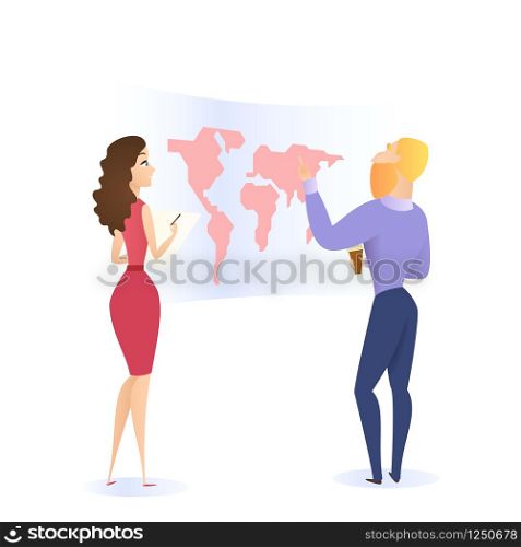 Bearded Man in Modern Cloth with Cup in Hand Touch World Map on Wall and Young Brown Haired Woman in Red Dress Looking at Him and Writing on White Background. Flat Vector Illustration, Office Life.. Bearded Man Learning World Map and Woman Watching