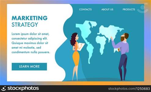 Bearded Man in Modern Cloth with Mug Learn World Map, Colleague Woman Look at Him and Write. Flat Vector Illustration, Horizontal Rectangle Banner, Marketing Strategy Inscription on Wavy Background.. Male and Female Bussiness Colleagues at World Map
