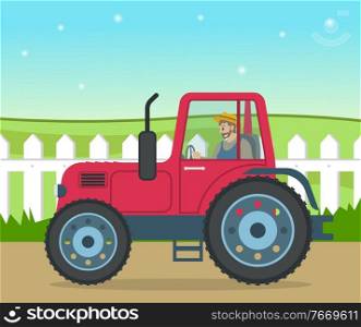 Bearded man in uniform riding at tractor on the road near the meadow. Farmer in tractor at rural landscape background. Agricultural works at summer. Vector illustration with cartoon character. Bearded farmer riding at tractor, agricultural meadow works, rural landscape with working farmer